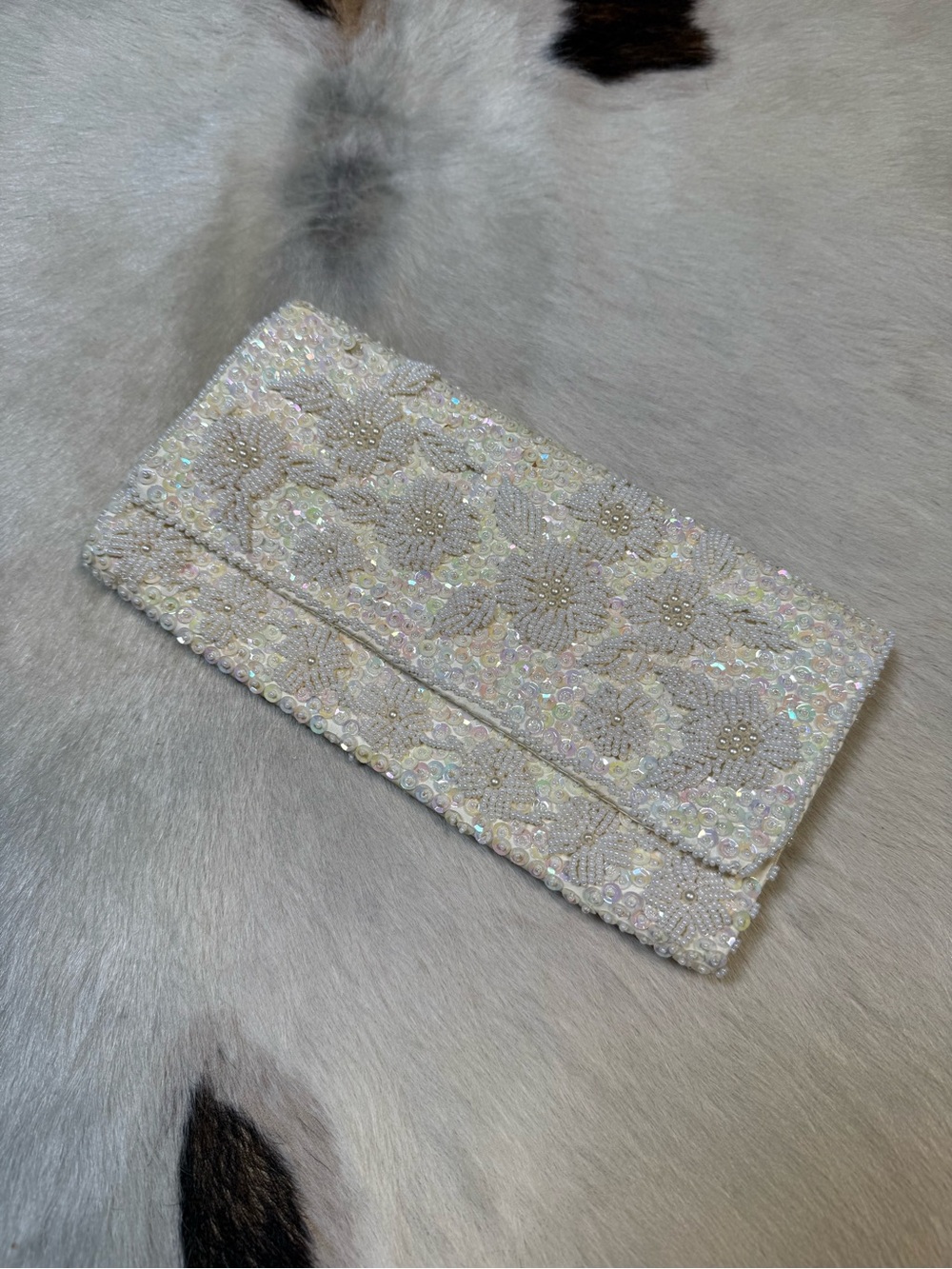 Vintage Handmade Hong Kong Beaded Evening Clutch | Ivory Floral Sequin Bridal